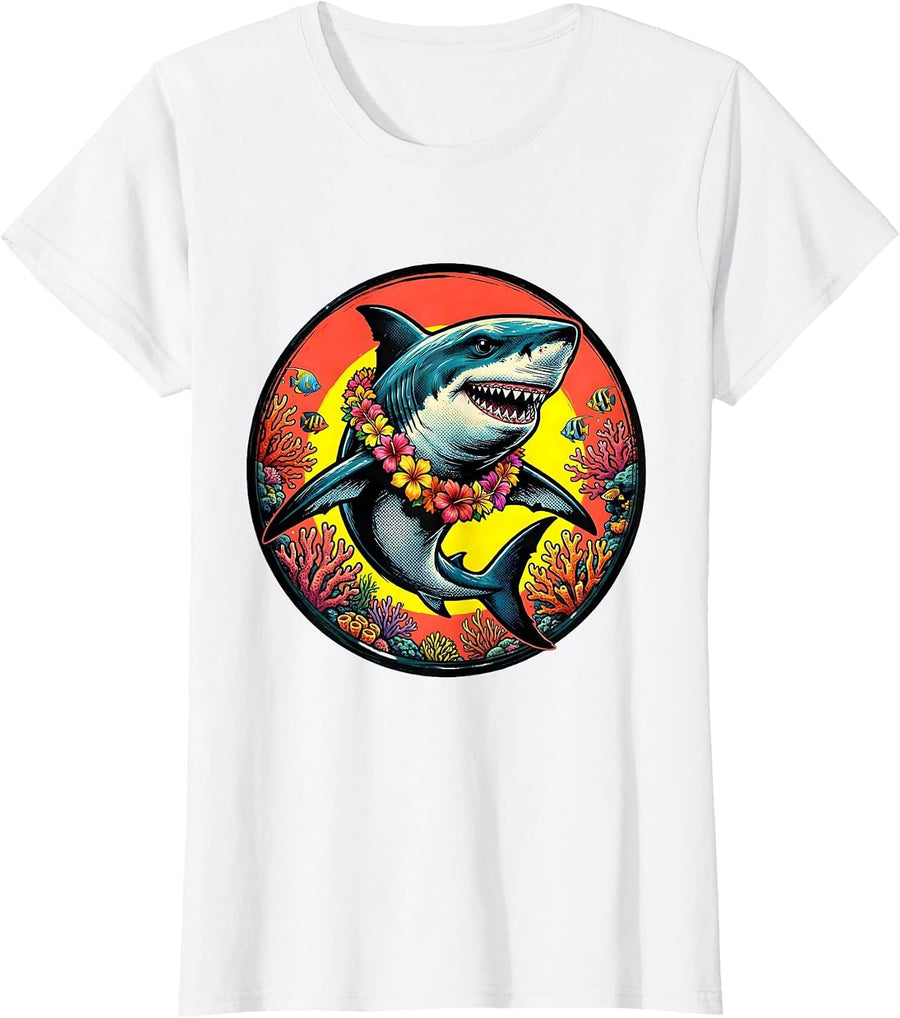 Women's Mommy Shark Tropical Reef Flower Lei Illustration T-Shirt - White