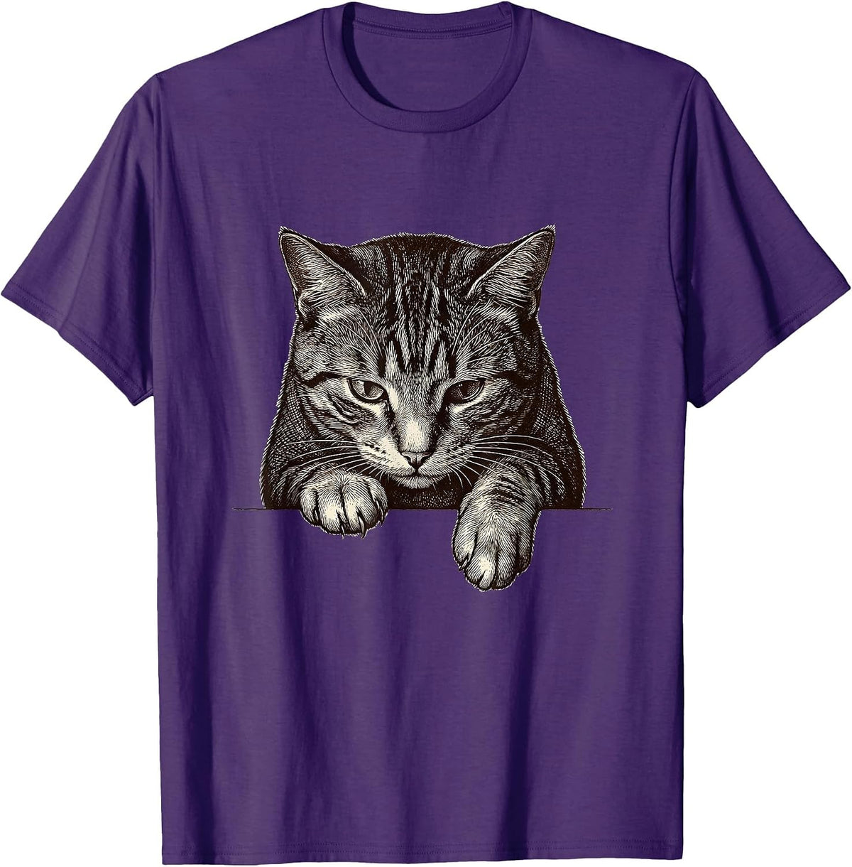 Etched Silver Tabby Cat Pocket Peeking Pet Lover T-Shirt - Purple