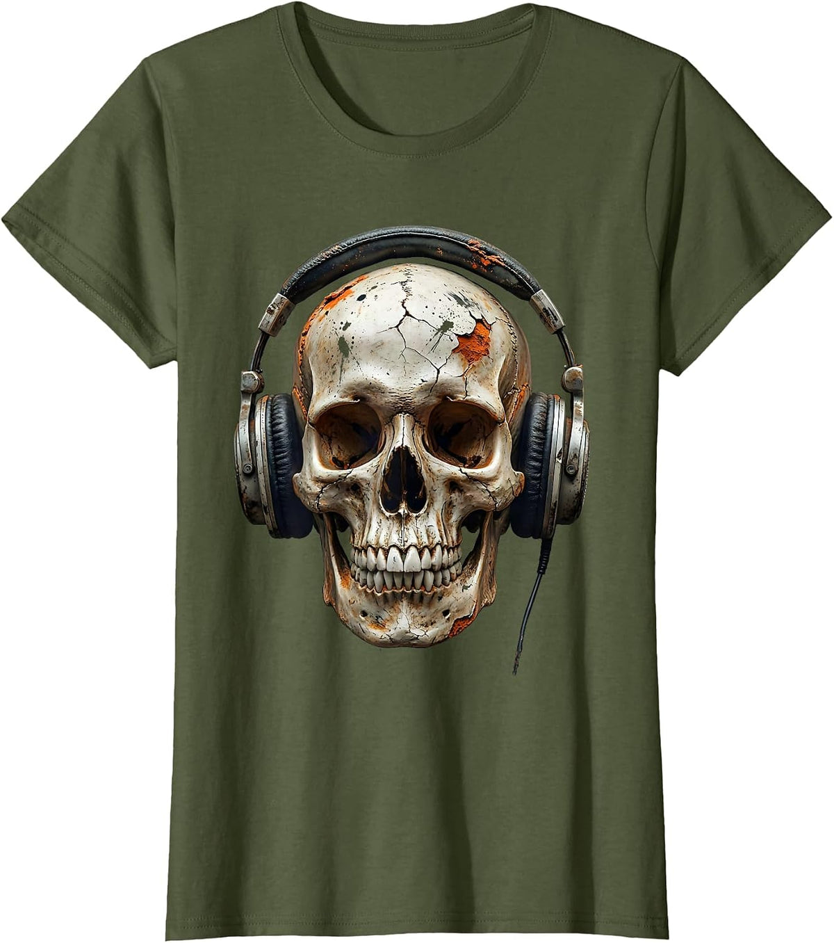 Women's Skull Vintage Headphones Rock and Roll Graphic T-Shirt - Olive Green