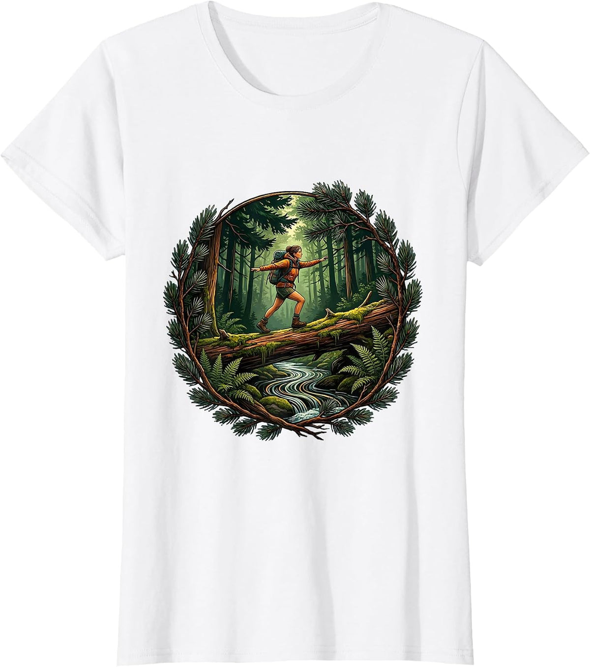 Hiker Crossing Mossy Log Bridge Outdoor Art T-Shirt - White