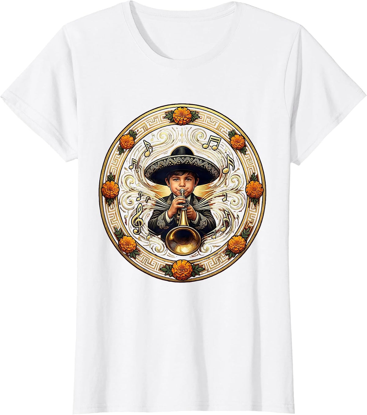 Mexican Boy Trumpet Player Musical Notes Graphic T-Shirt - White