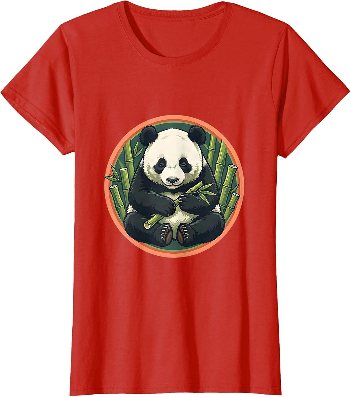 Sleepy Panda Eating Bamboo Funny Animal Design T-Shirt - Red