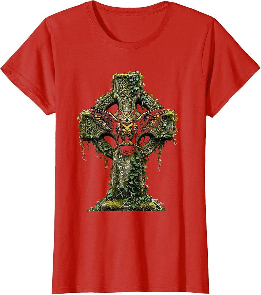 Women's Halloween Owl on Mossy Stone Cross Illustration T-Shirt - Red
