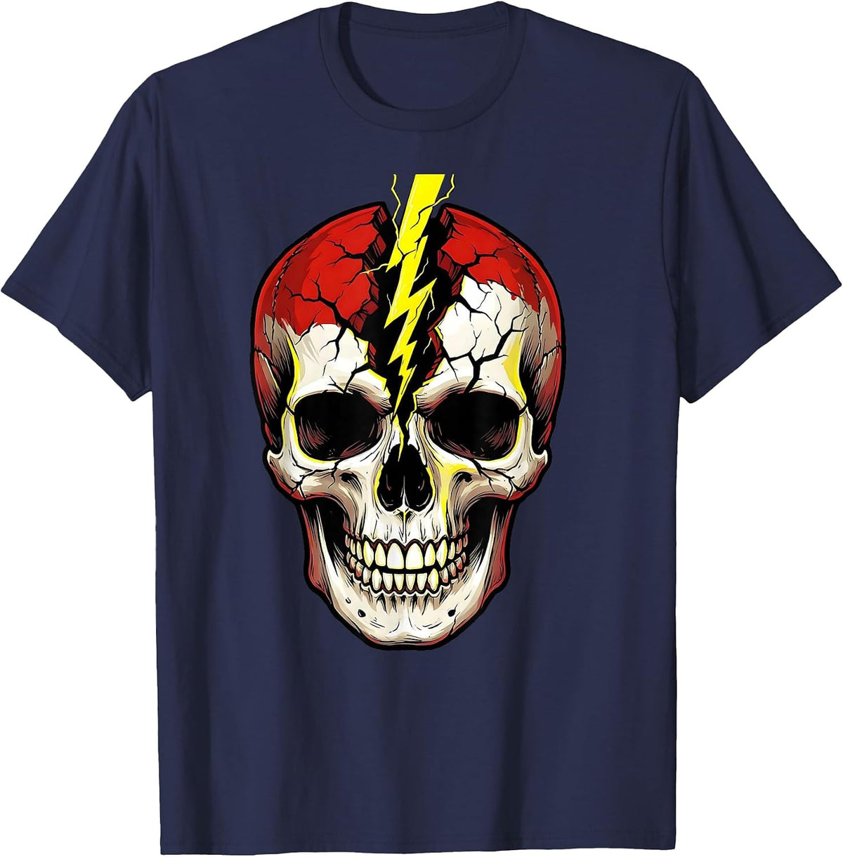 Skull Lightning Bolt Crack Metal Graphic Design T-Shirt - Navy Blue