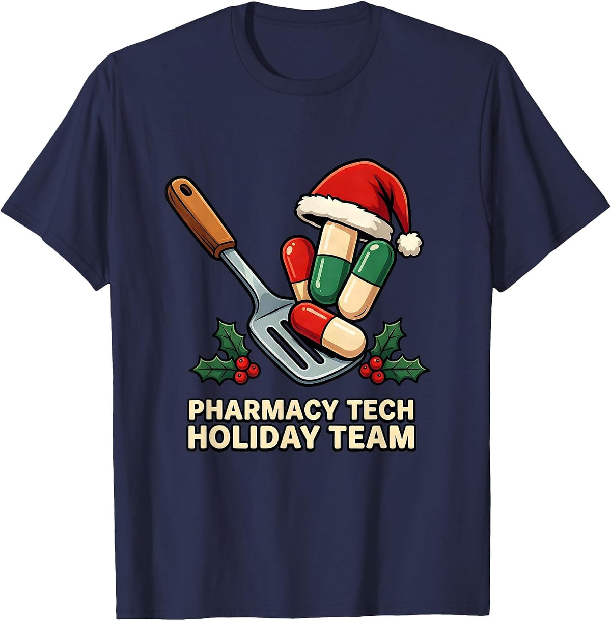 Men's Pharmacy Tech Holiday Team Funny Cartoon Christmas Squad T-Shirt - Navy Blue