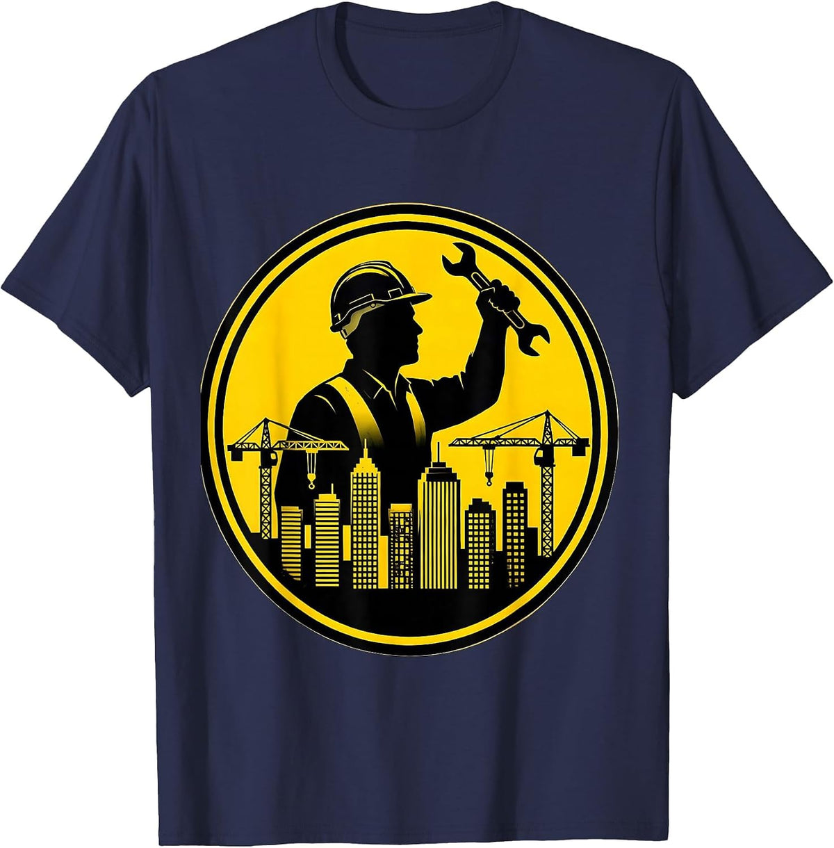 Labor Day Construction Worker City Skyline T-Shirt - Navy Blue