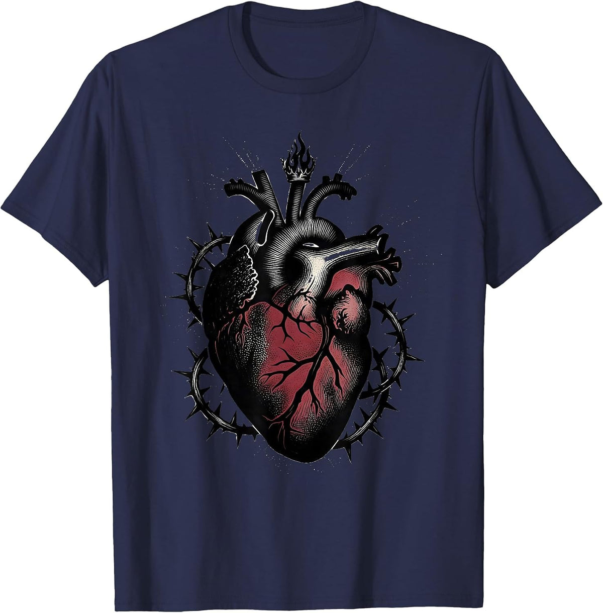 Sacred Heart Thorned Vines Religious Graphic T-Shirt - Navy Blue