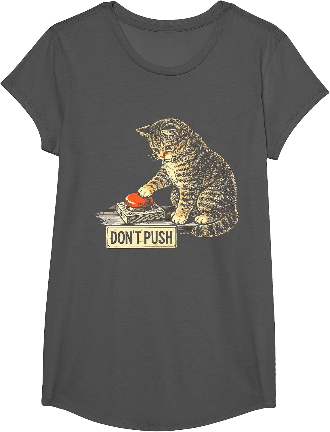 Cat Lover Don't Push Button Humor T-Shirt - Girls Asphalt Grey