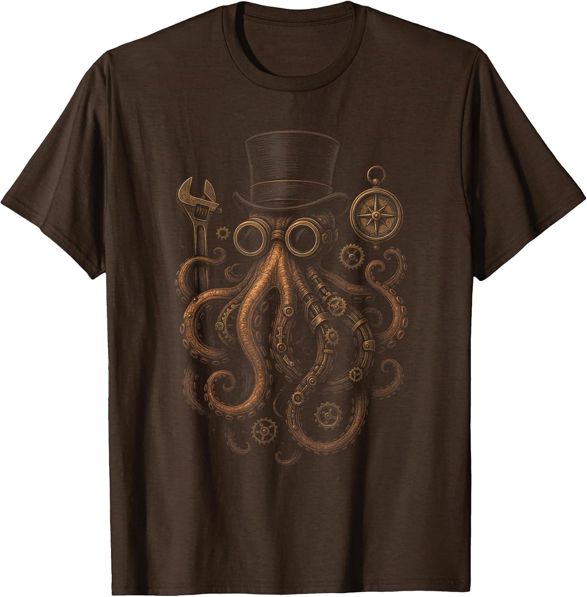 Steampunk Octopus - Clockwork Kraken Art T-Shirt - Brown
