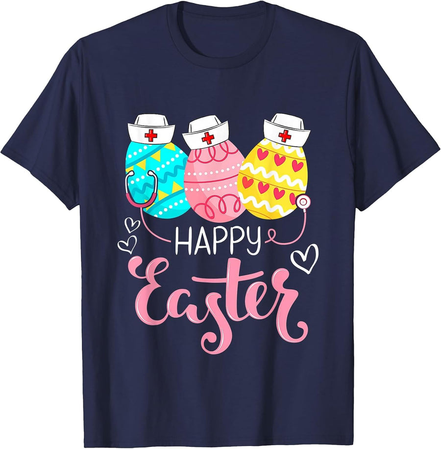 Happy Easter Day Nursing Cute Bunny Egg Nurse Stethoscope T-Shirt - Navy Blue