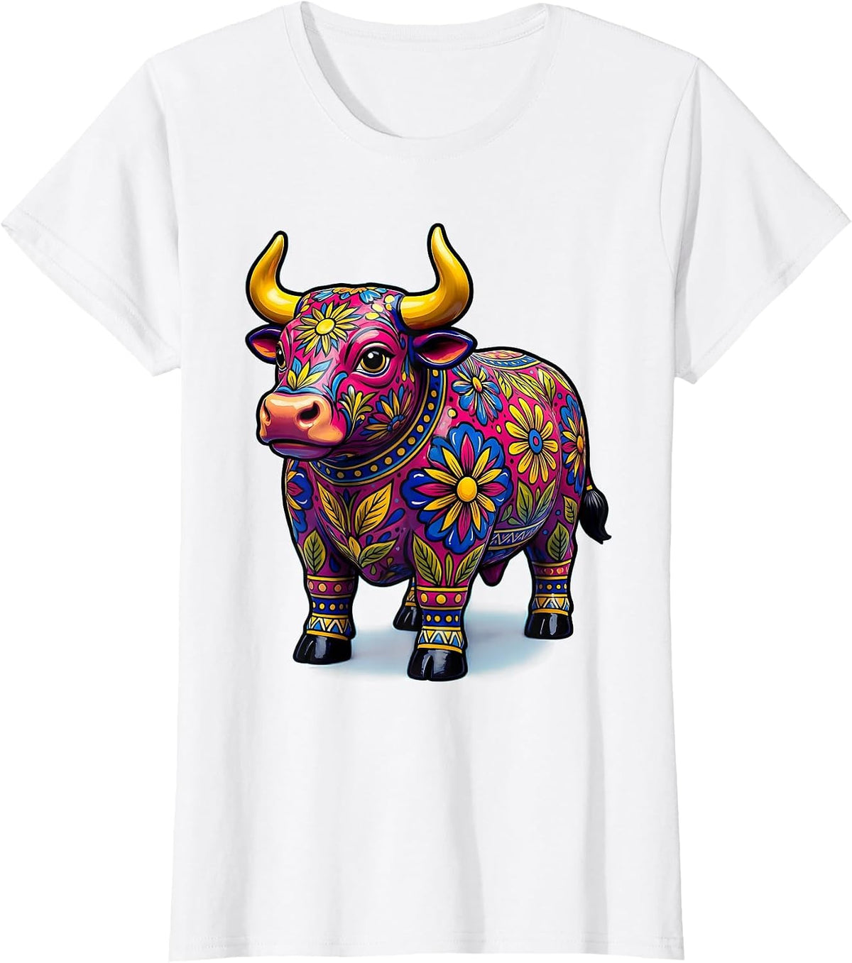 Mexican Talavera Bull Painted Floral Art Design T-Shirt - White