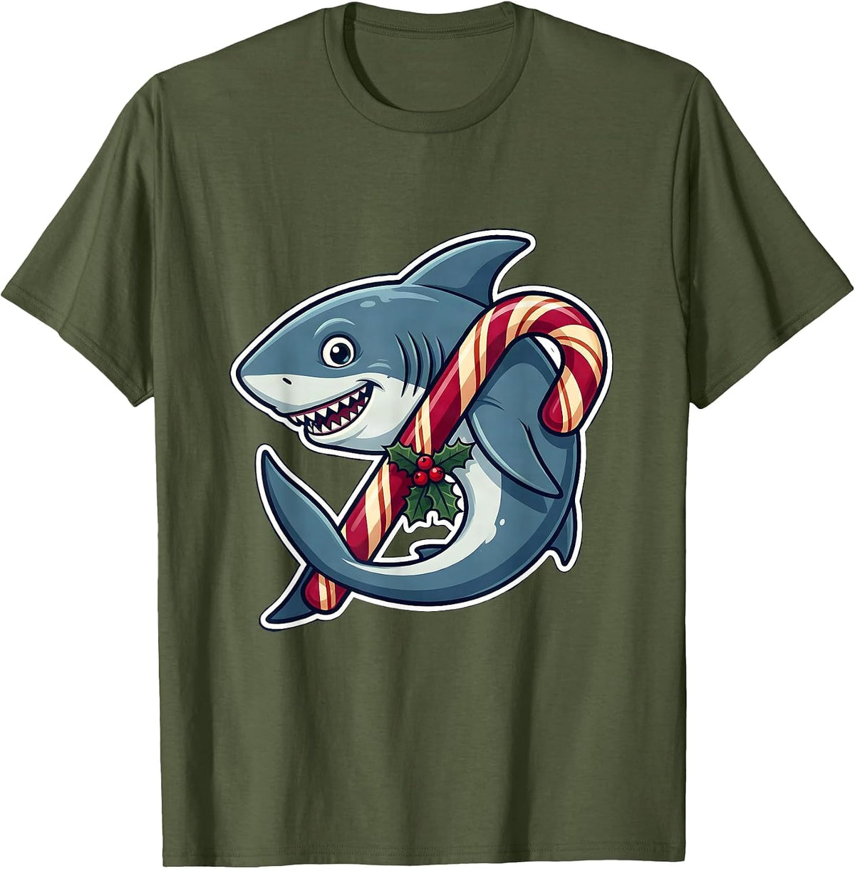 Men's Shark Candy Cane Funny Christmas Pun Novelty T-Shirt - Olive Green