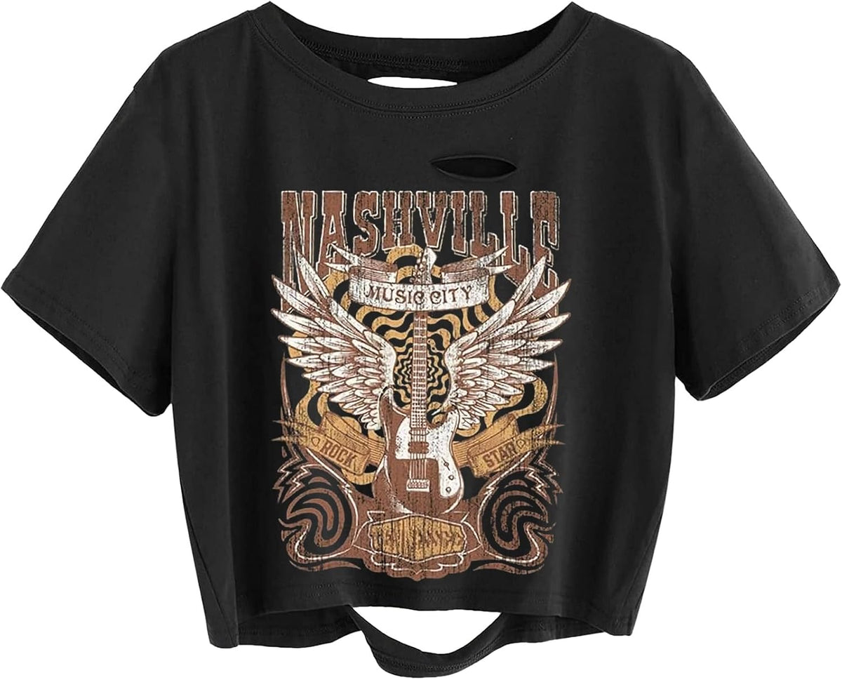 TIXOM Women Country Music Graphic Distressed Tee Shirt Sexy Ripped Short Sleeve Crop Tops - 01black-2
