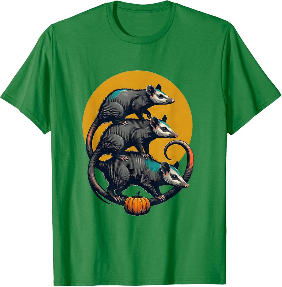 Men's Three Opossum Moon Vintage Halloween Spooky Novelty T-Shirt - Kelly Green