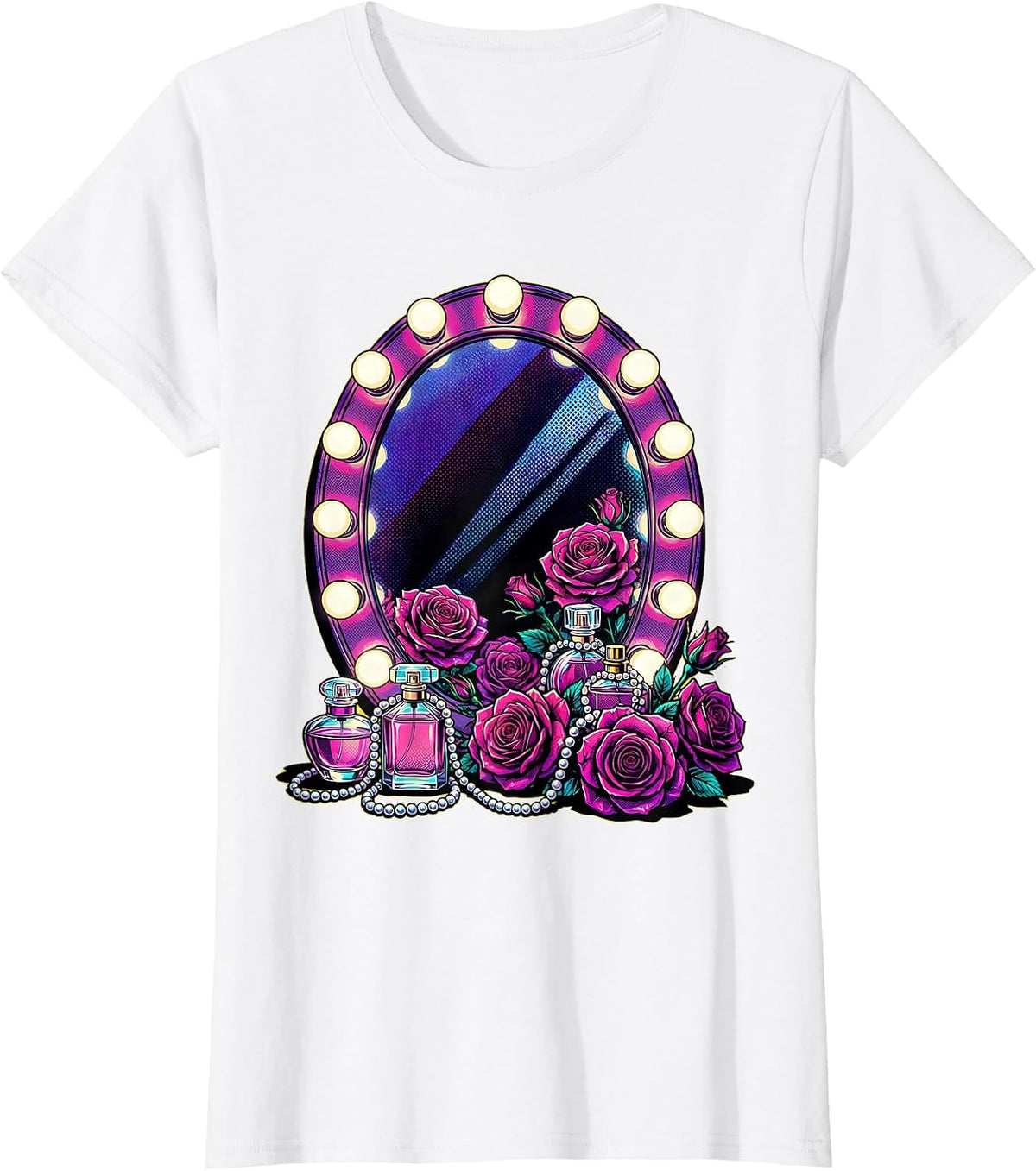 Women's Showgirl Vanity Pearls and Roses Graphic T-Shirt - White