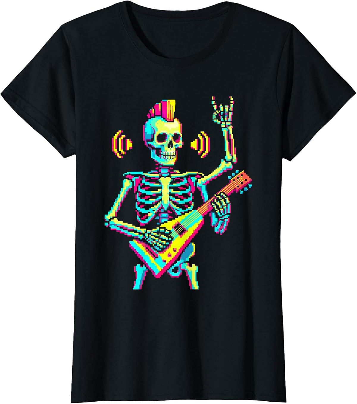 Punk Skeleton Pixel Art Rock Fan Halloween Costume T-Shirt - Black
