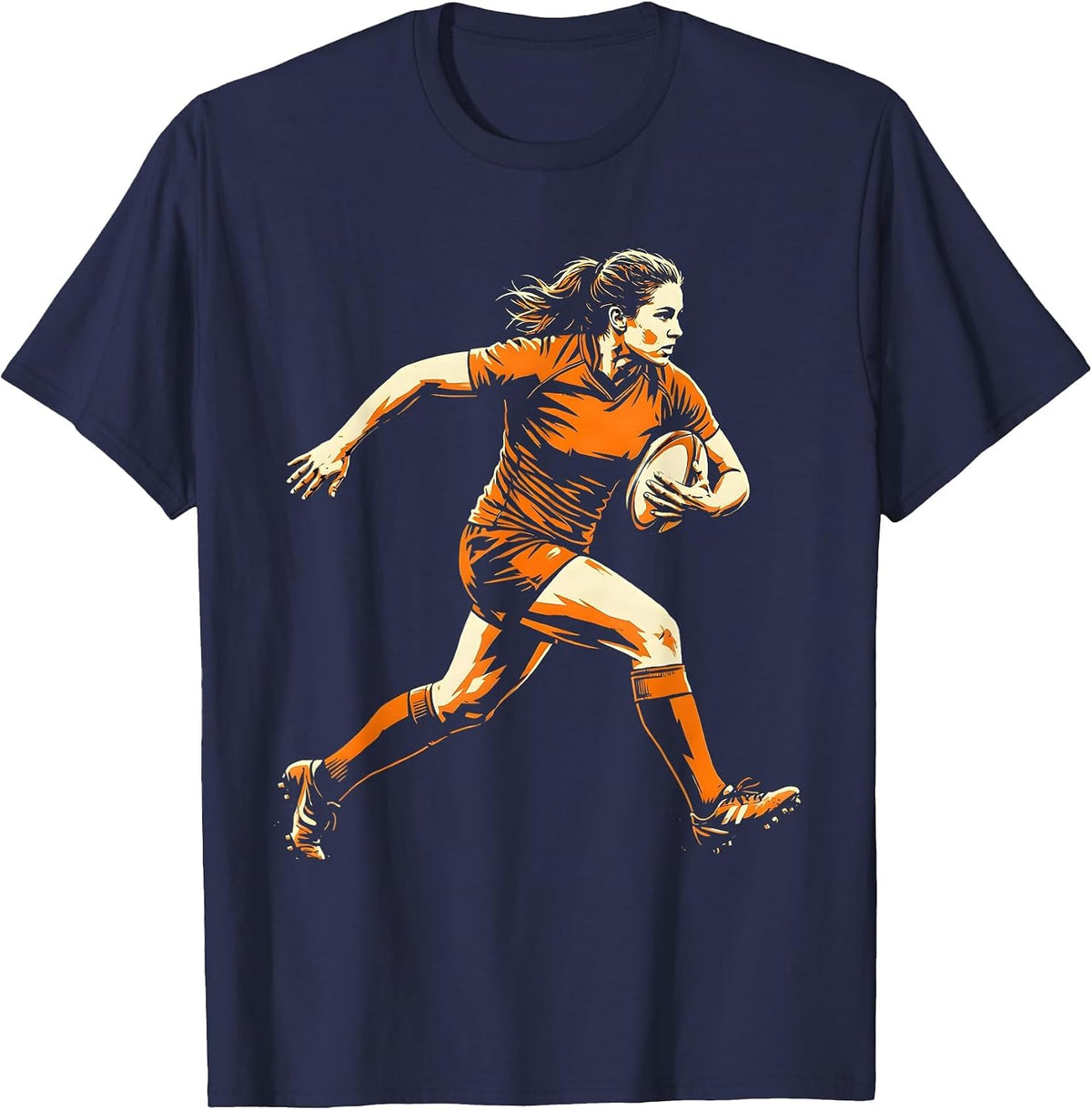 Woman Rugby Player Sprinting With Ball Graphic T-Shirt - Navy Blue