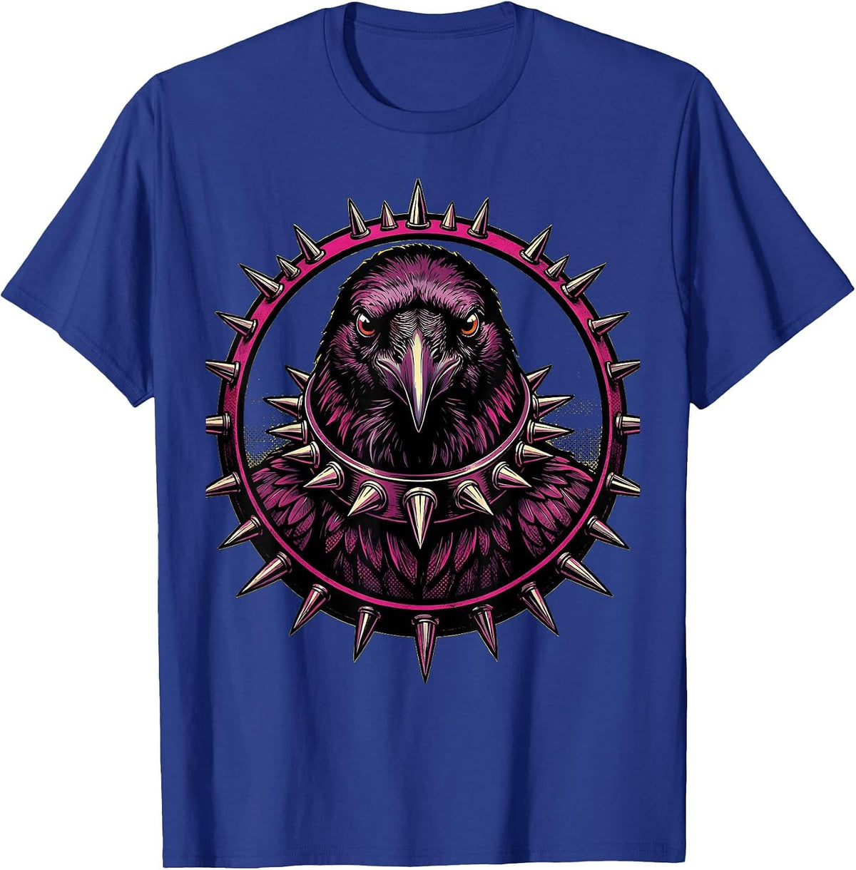 Punk Rock Crow Spiked Collar Graphic T-Shirt - Royal Blue