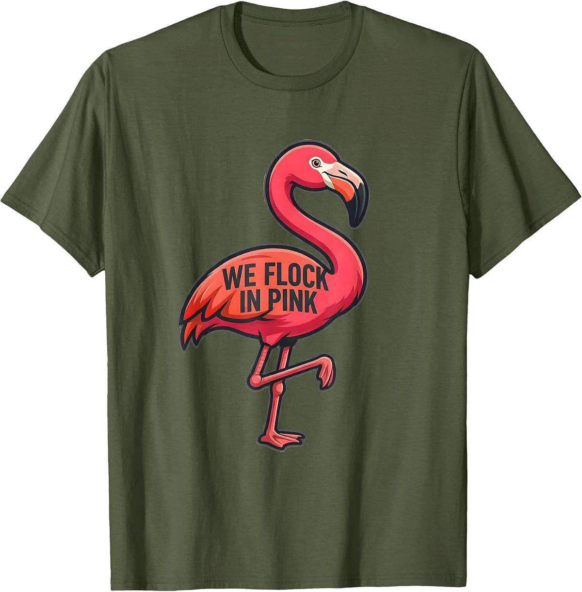 Men's We Flock In Pink Funny Flamingo Lover Bird Humor Summer T-Shirt - Olive Green