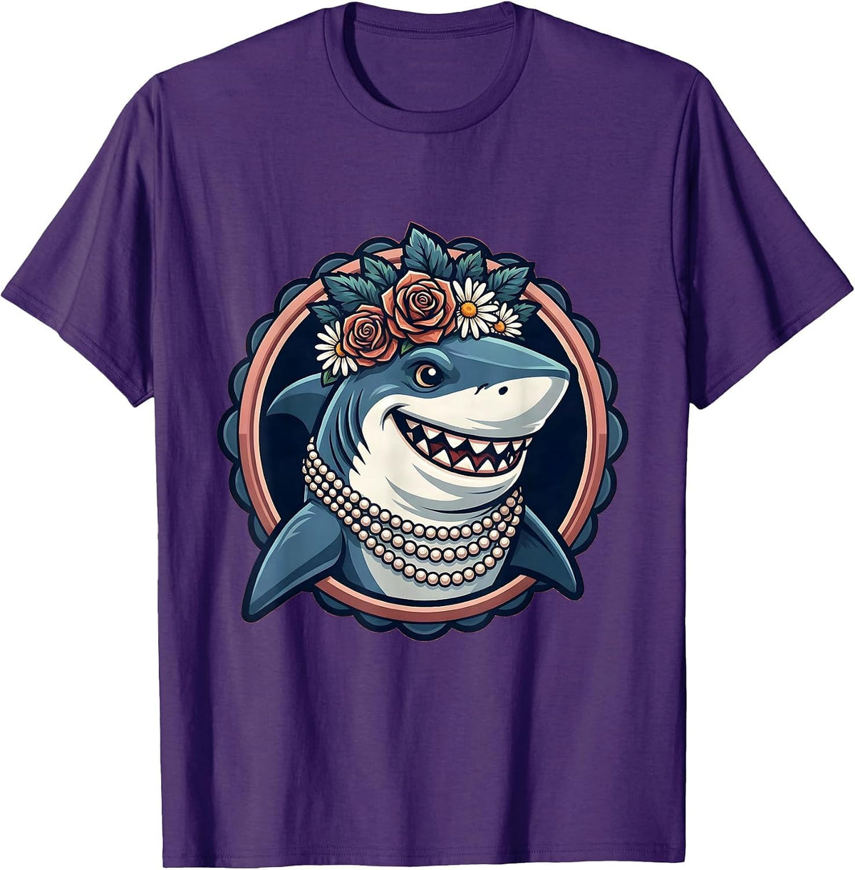 Men's Mommy Shark Floral Crown and Pearl Necklace T-Shirt - Purple
