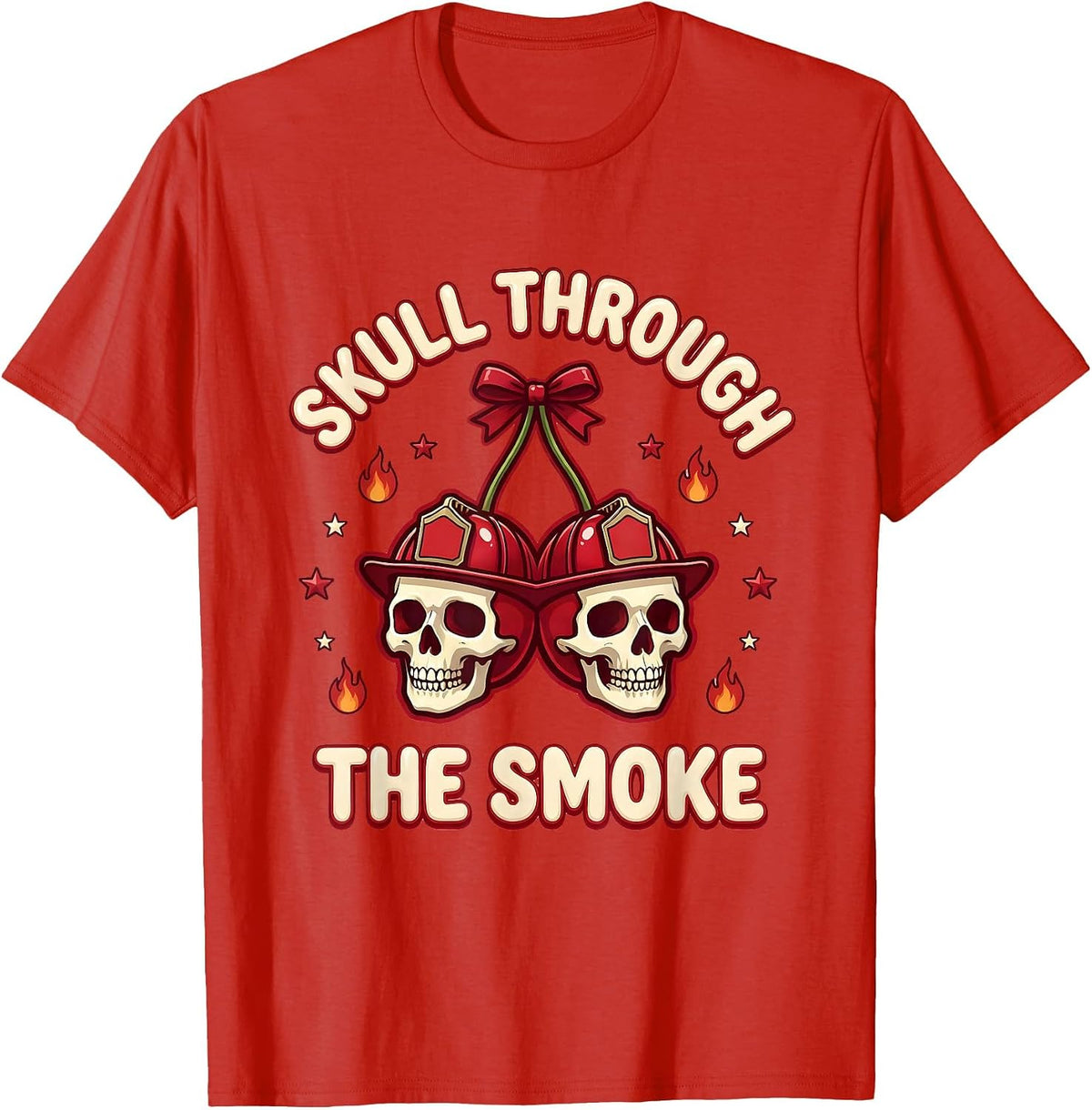Men's Halloween Firefighter Skull Through the Smoke Design T-Shirt - Red