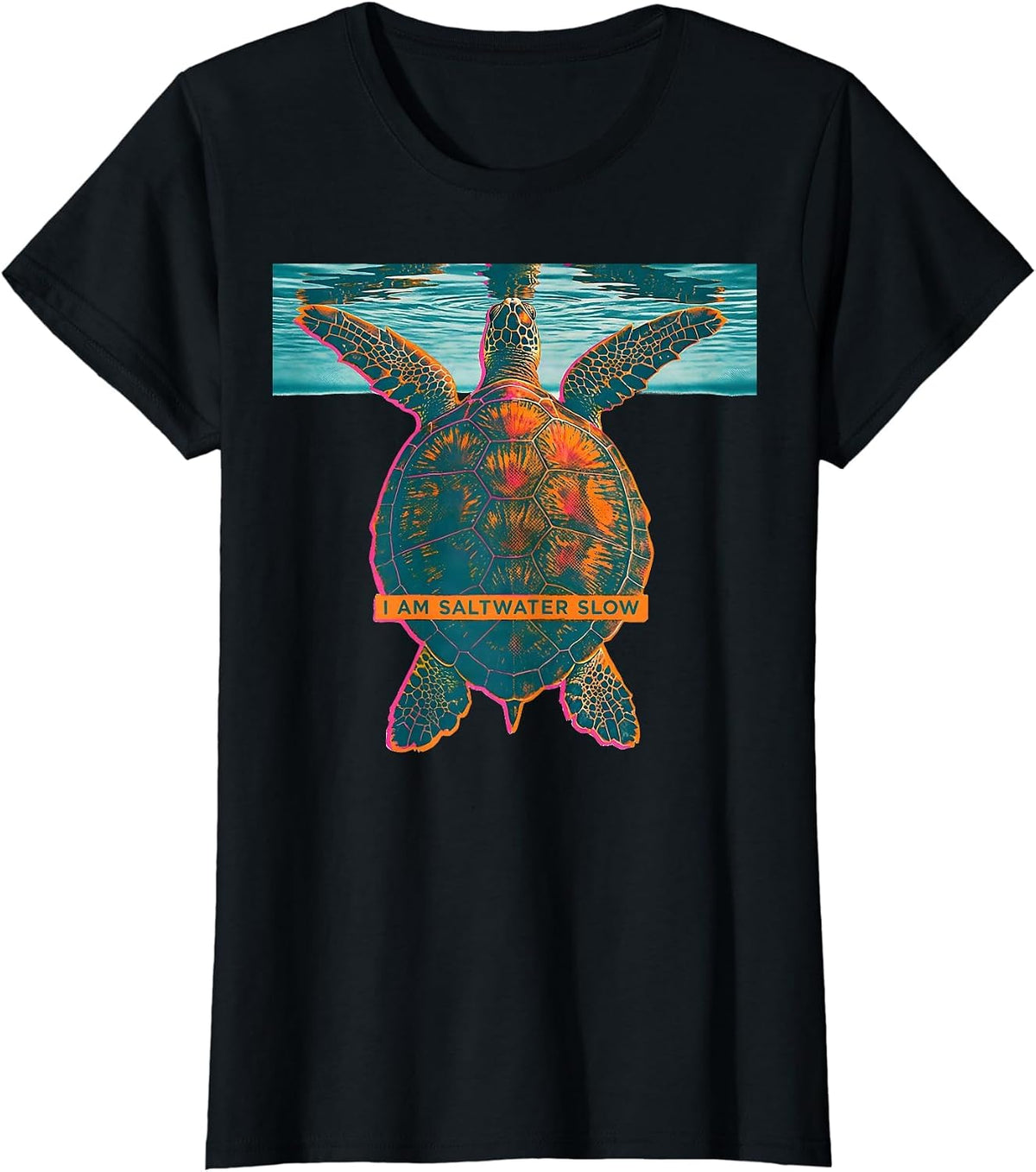 Women's I Am Saltwater Slow Risograph Sea Turtle Lover Beach T-Shirt - Black