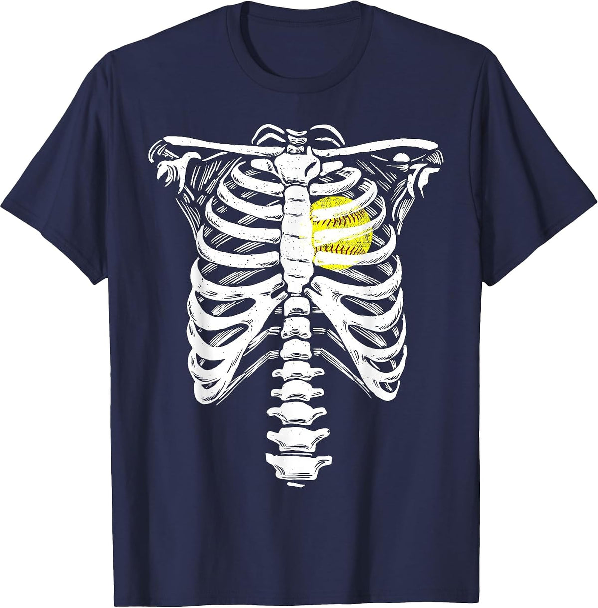 Softball Heart Skeleton Rib Cage Halloween Love Softball T-Shirt - Navy Blue