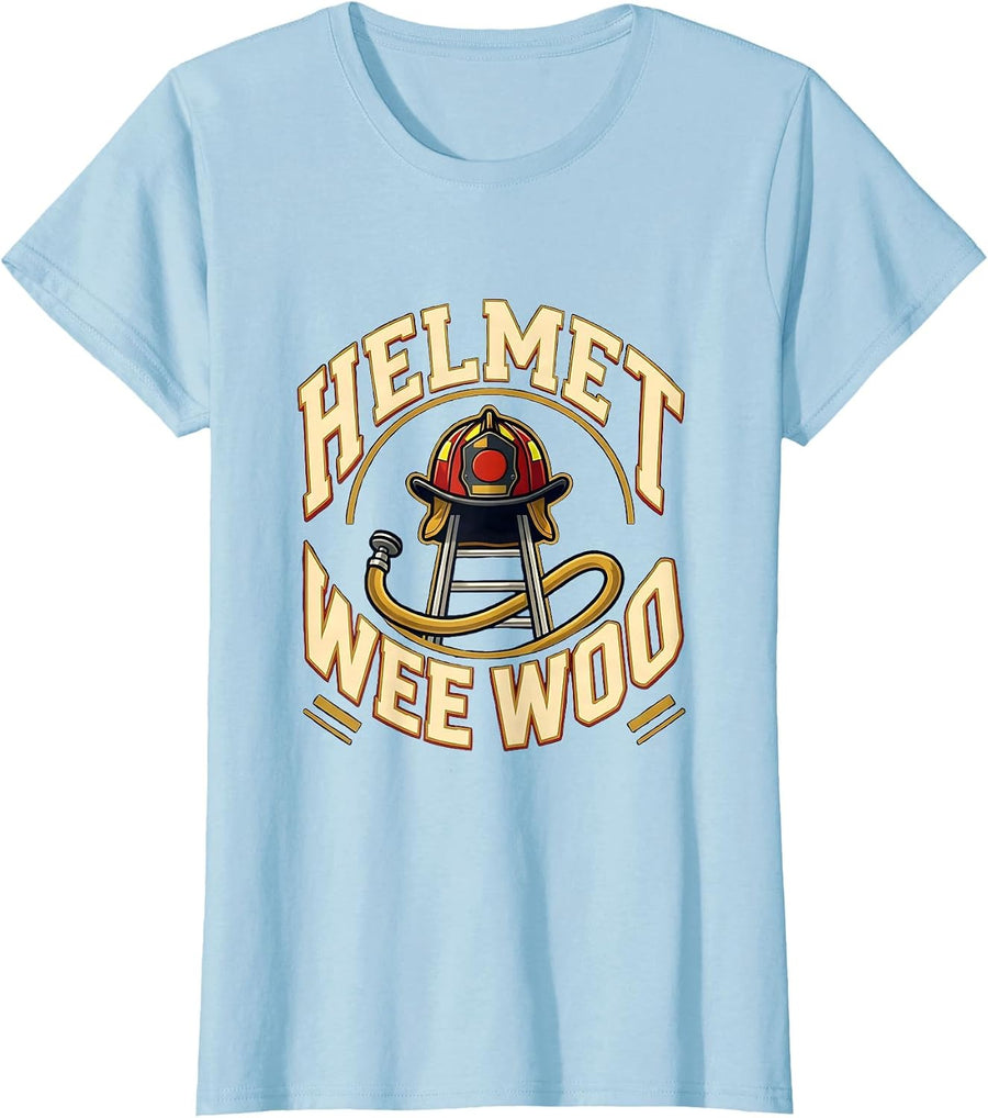 Women's HELMET WEE WOO Funny Firefighter Badge Humor Fire Truck T-Shirt - Baby Blue