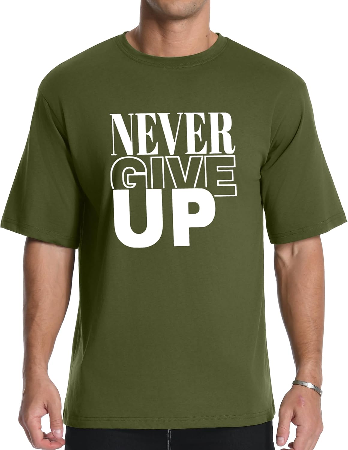 AIYINO Men's Never Give Up Tee – Bold Slogan Graphic - Armygreen