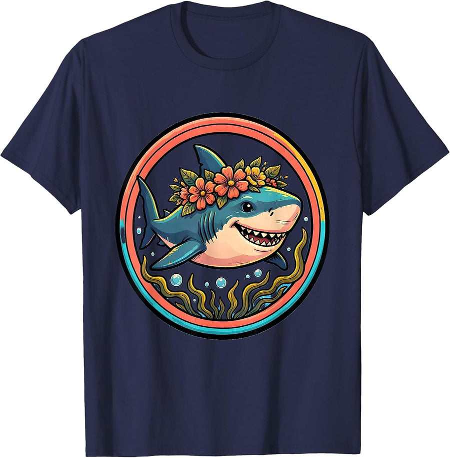 Mommy Shark Flower Crown Underwater Art T-Shirt - Navy Blue