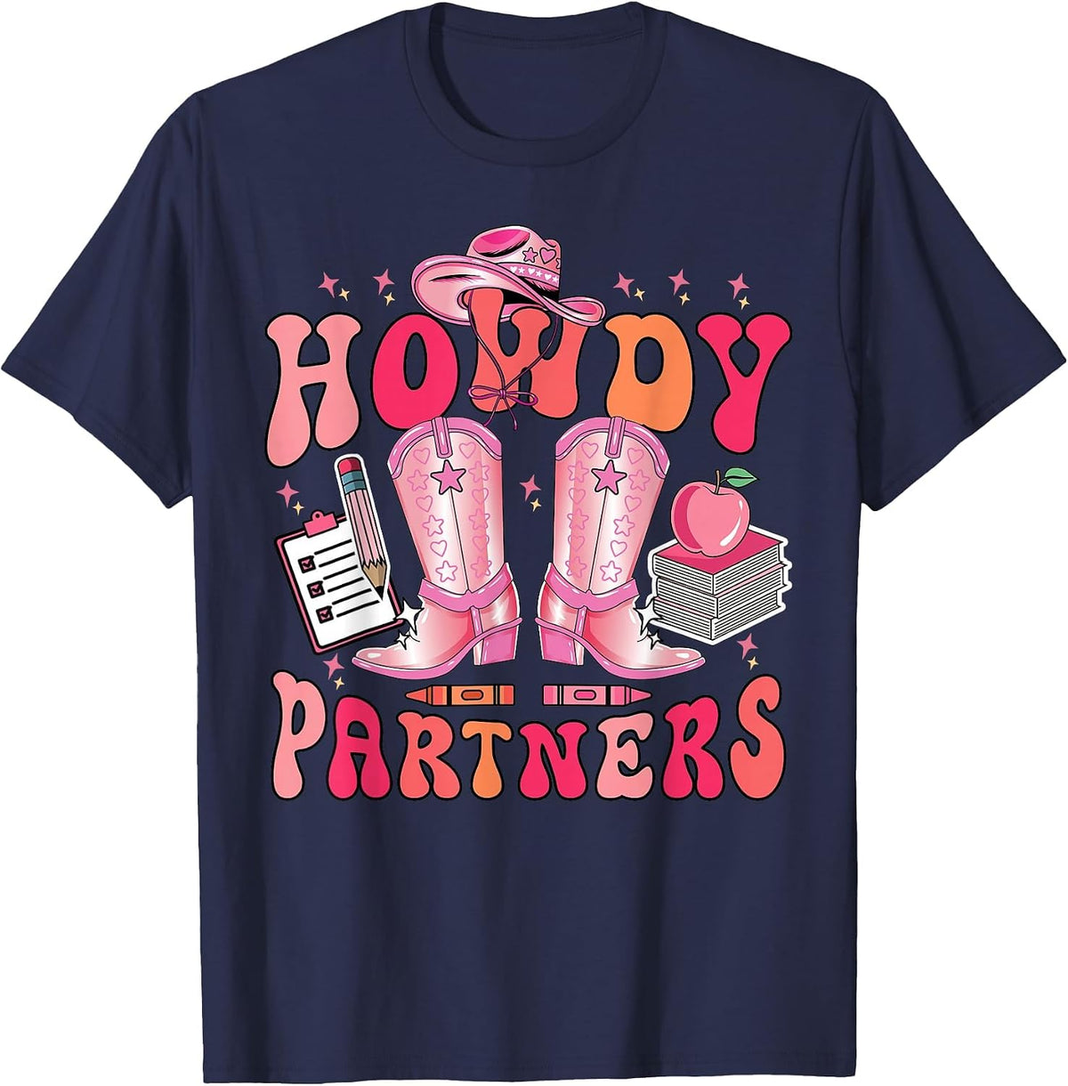 Cowgirl Teacher Howdy Partners Boots Back to School Rodeo T-Shirt - Navy Blue