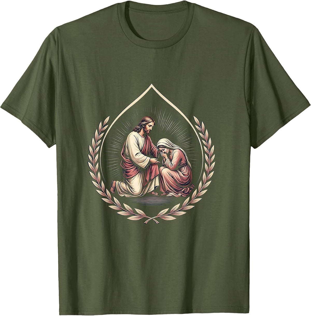 Men's Jesus Comforting Weeping Woman Illustration T-Shirt - Olive Green