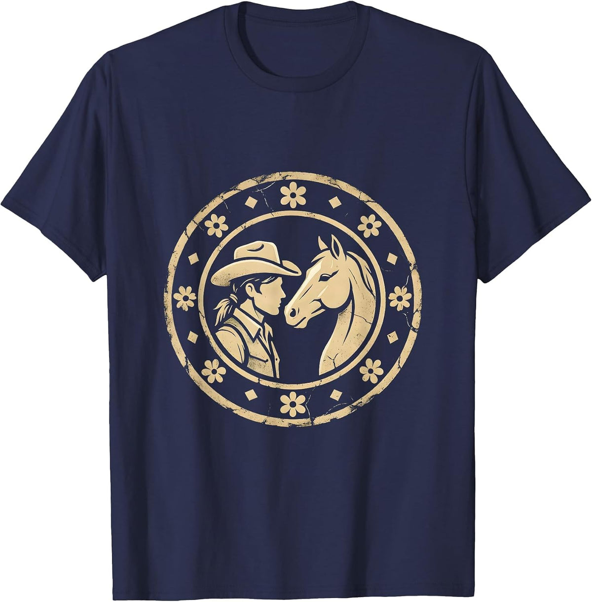 Men's Cowgirl and Horse Gentle Nose Touch Illustration T-Shirt - Navy Blue