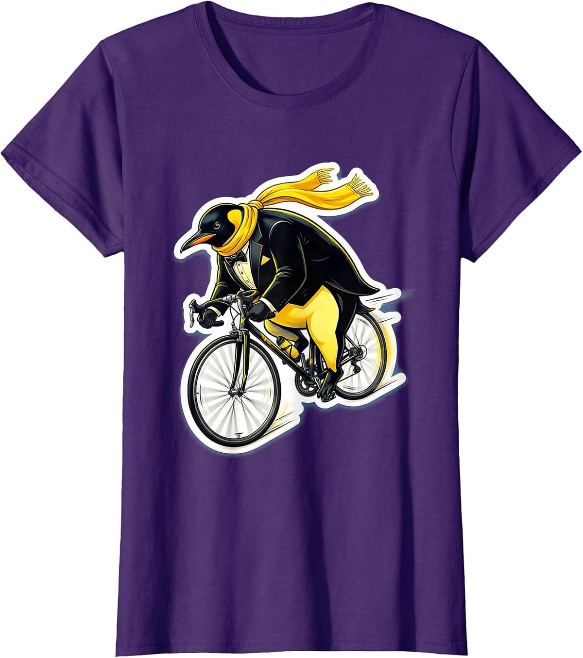 Women's Penguin Downhill Bicycle Speed Cycling Illustration T-Shirt - Purple