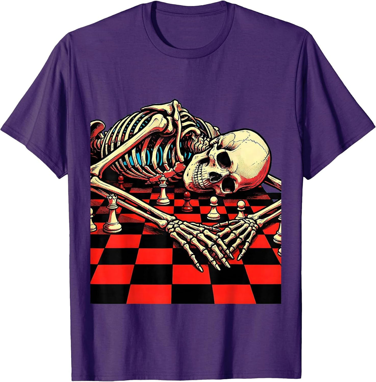 Skeleton Slumped Over Unfinished Chess Game T-Shirt - Purple