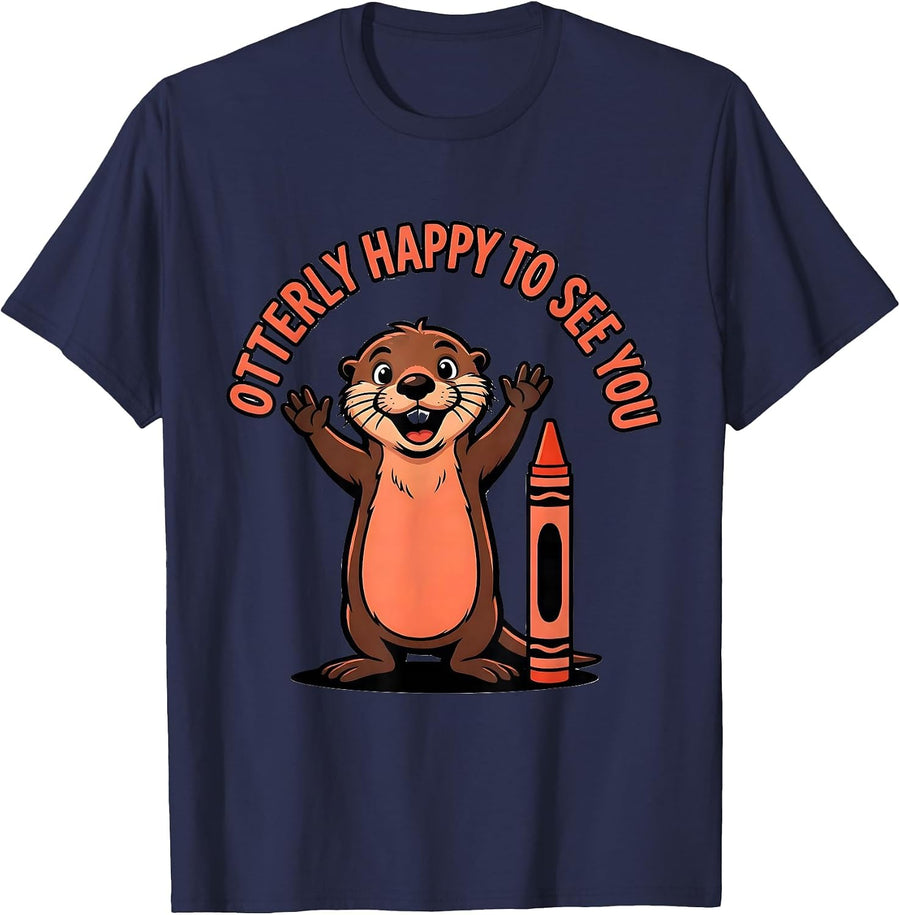 Otterly Happy To See You Cartoon Teacher First Day School T-Shirt - Navy Blue