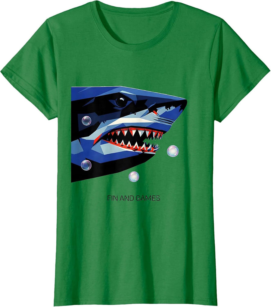 Women's Fin And Games Geometric Shark Humor Wildlife Lover Novelty T-Shirt - Kelly Green