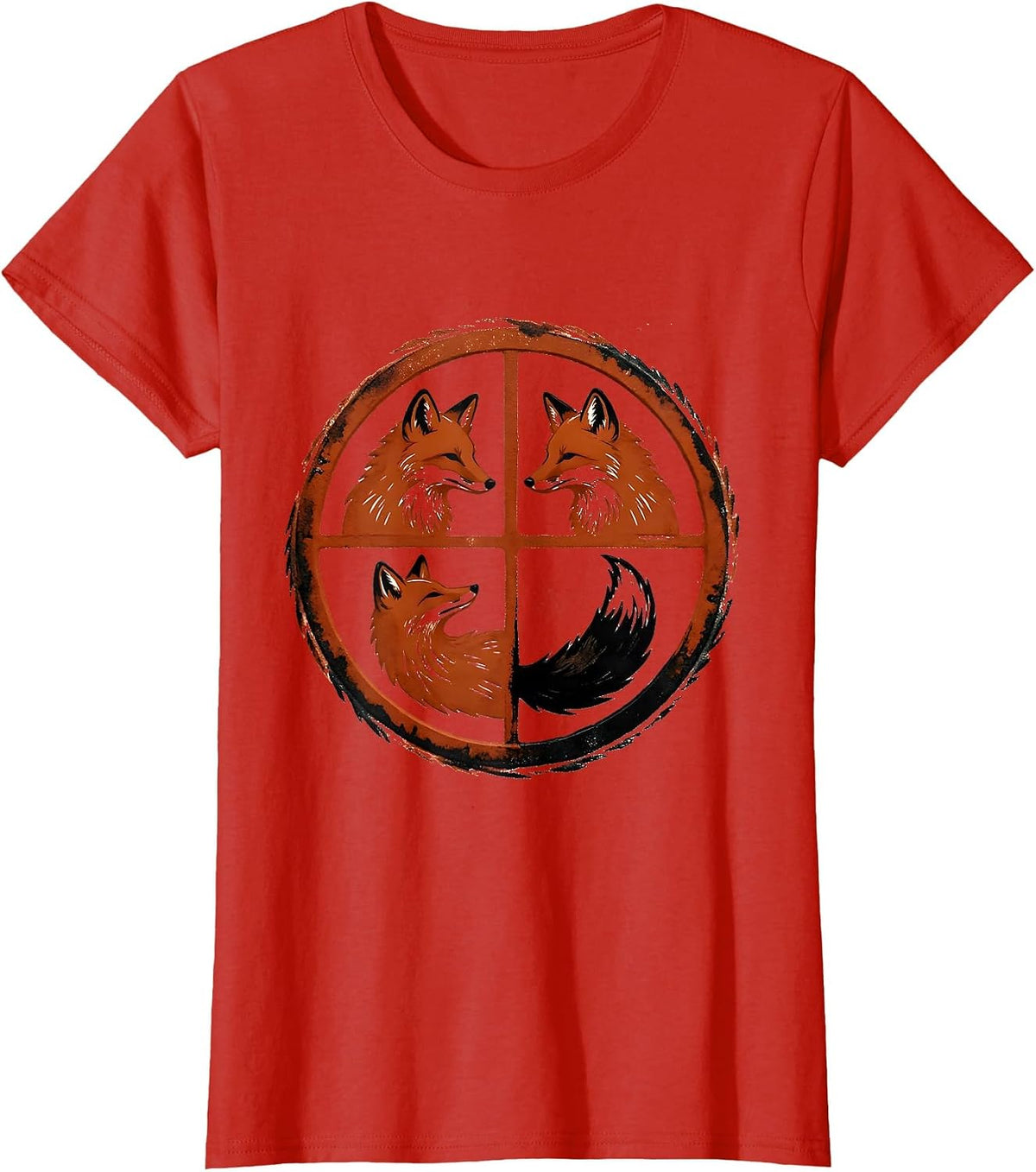 Four Foxes Rubber Stamp Woodland Animal Humor T-Shirt - Red