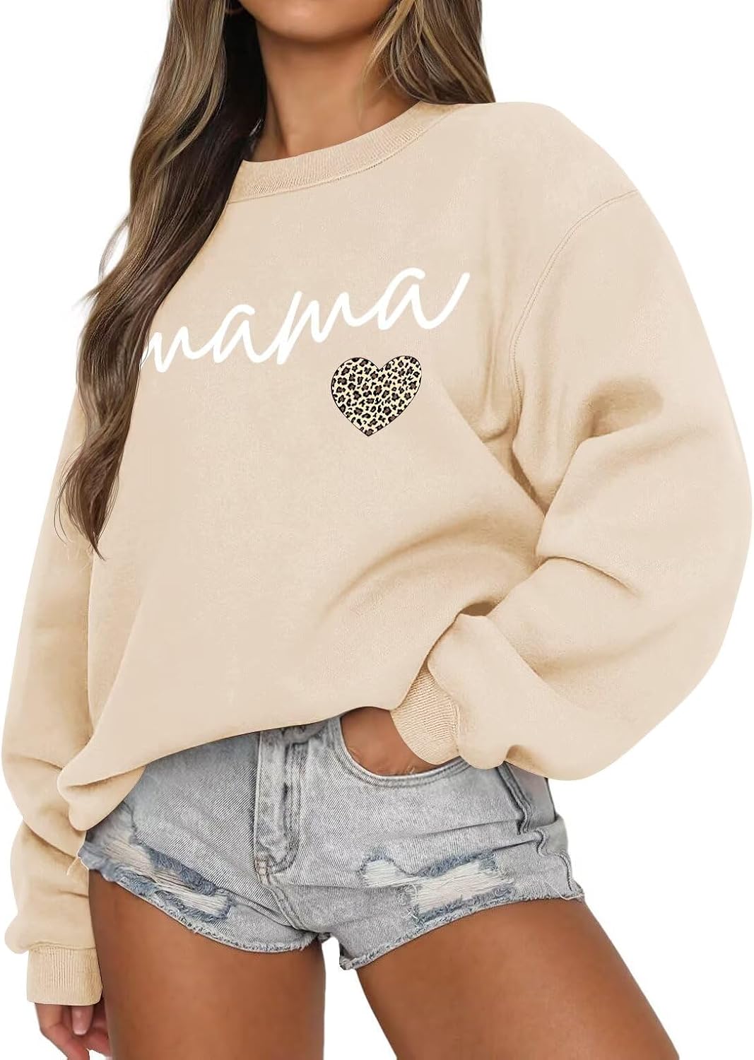LEEDYA Women Long Sleeve Mama Sweatshirts Crewneck Casual Knit Mom Sweater - Apricot