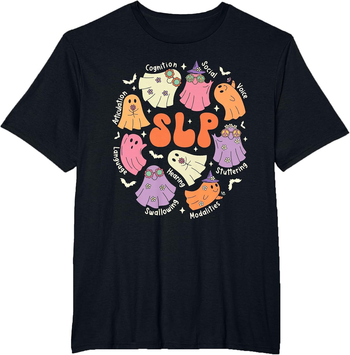 Cute Ghost Friends Halloween AAC SLP Squad Speech Language T-Shirt - Black