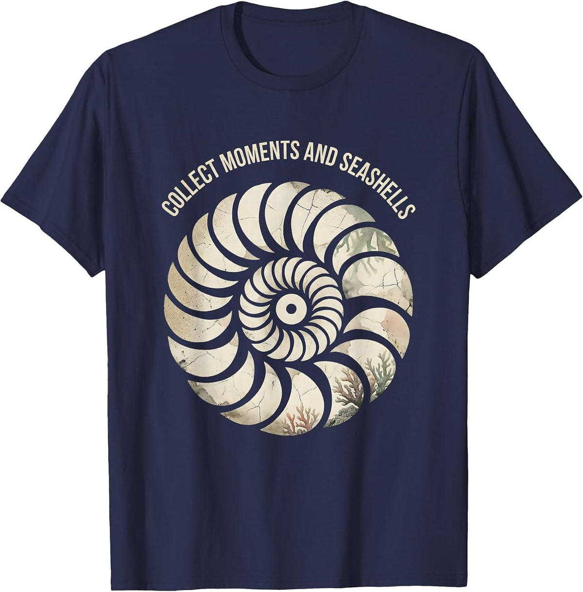 Collect Moments and Seashells Beach Design T-Shirt - Navy Blue