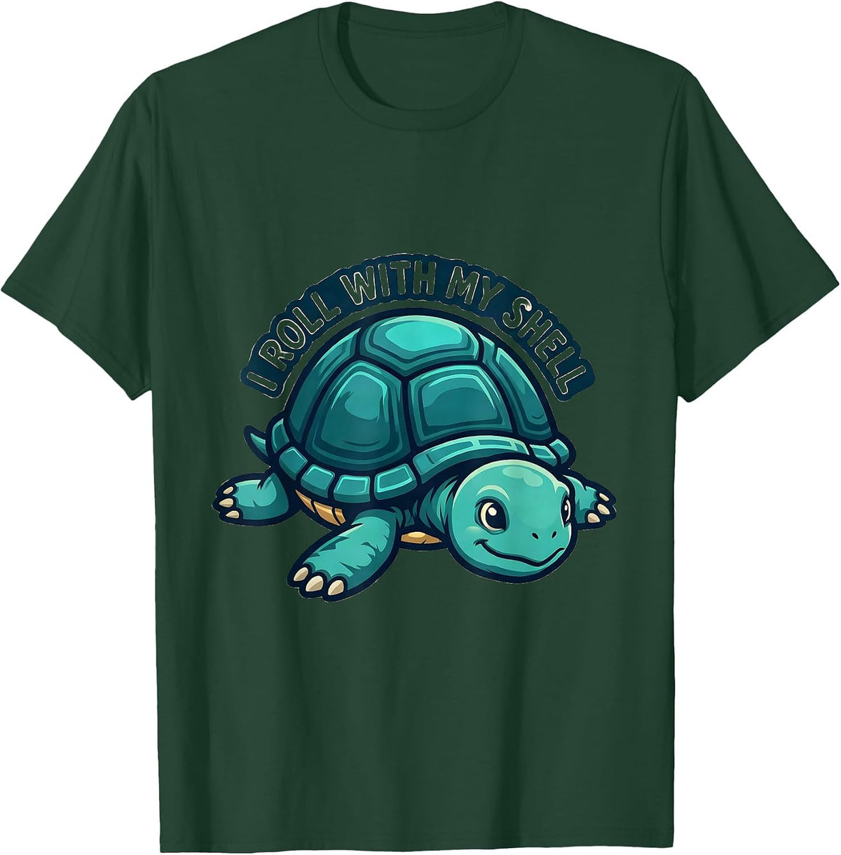 I Roll With My Shell Funny Sea Turtle Lover Mascot Logo T-Shirt - Dark Green