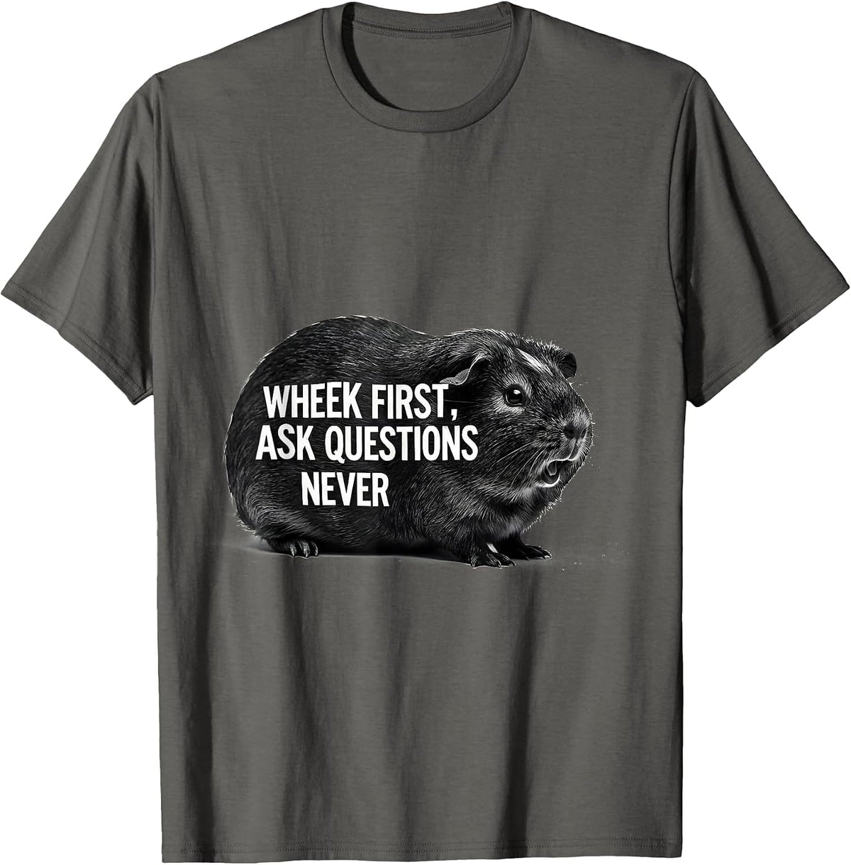 Men's Wheek First Ask Questions Never Funny Pig Lover Guinea Pig T-Shirt - Asphalt Grey