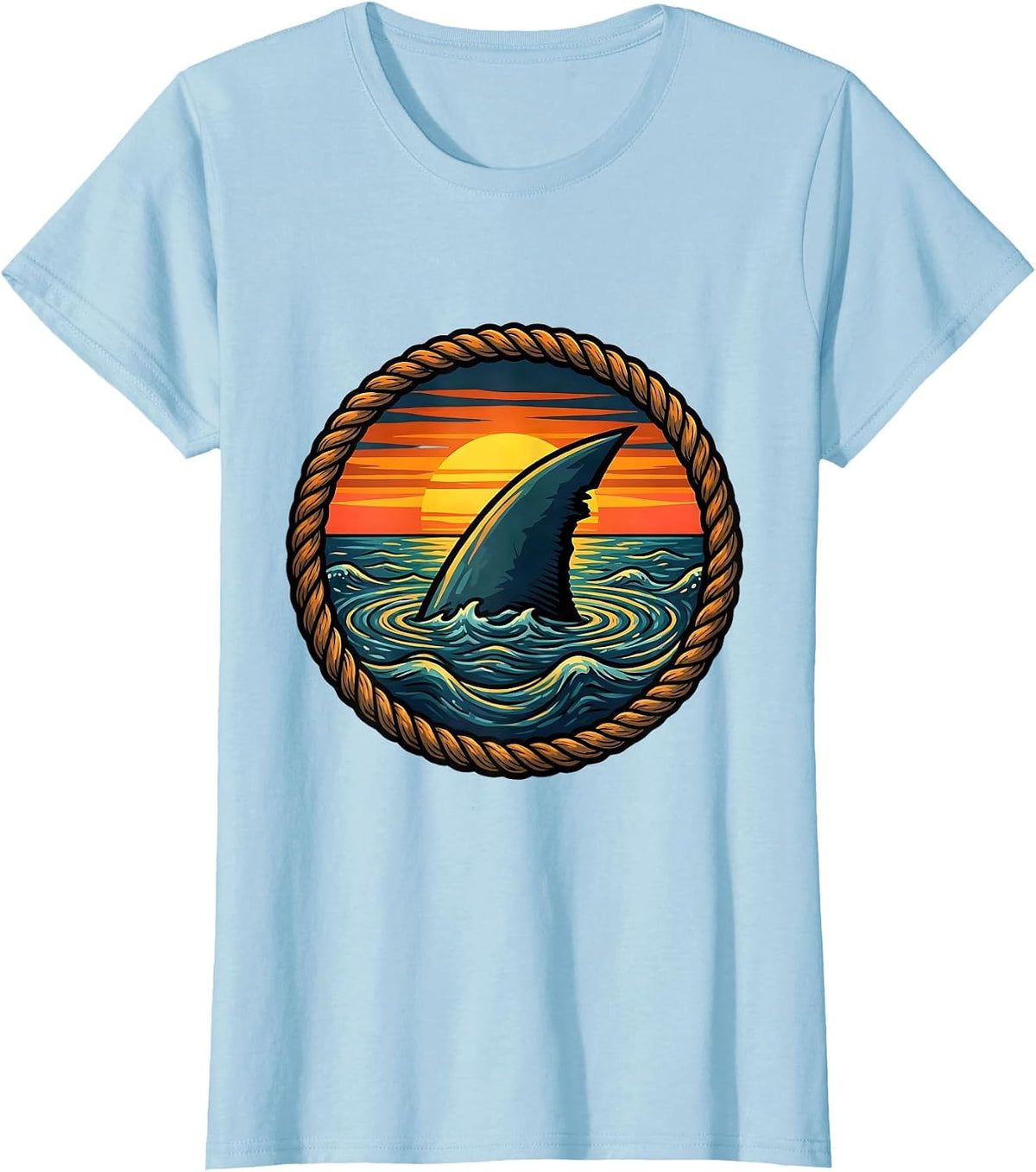 Hawaiian Shark Fin Sunset Ocean Graphic T-Shirt - Baby Blue