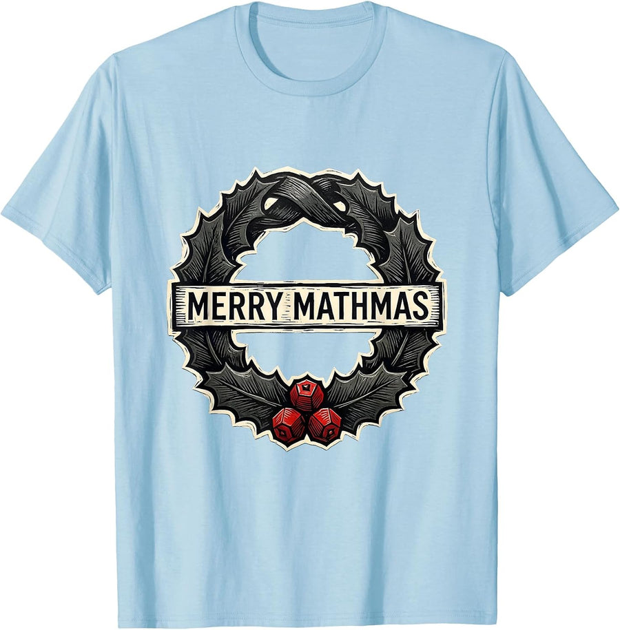 Men's Merry Mathmas Linocut Math Teacher Christmas Pun Gift T-Shirt - Baby Blue