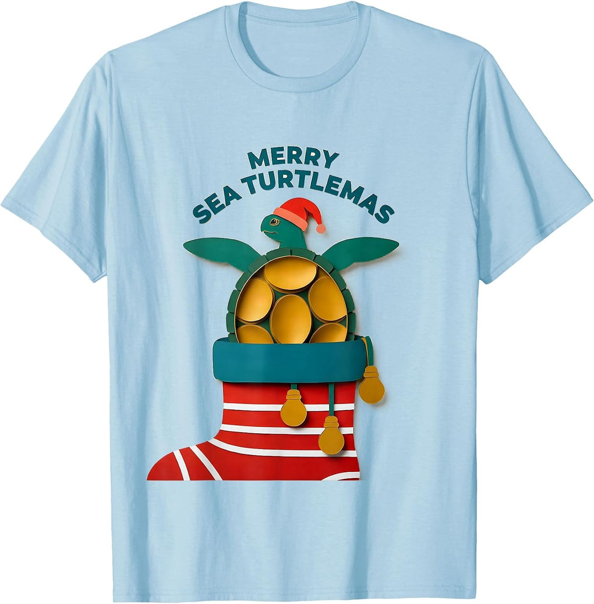 Men's Merry Sea Turtlemas Paper Cutout Sea Turtle Lover Holiday T-Shirt - Baby Blue