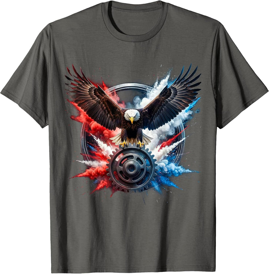 Bald Eagle Clutching Gear Cog Patriotic Design T-Shirt - Asphalt Grey