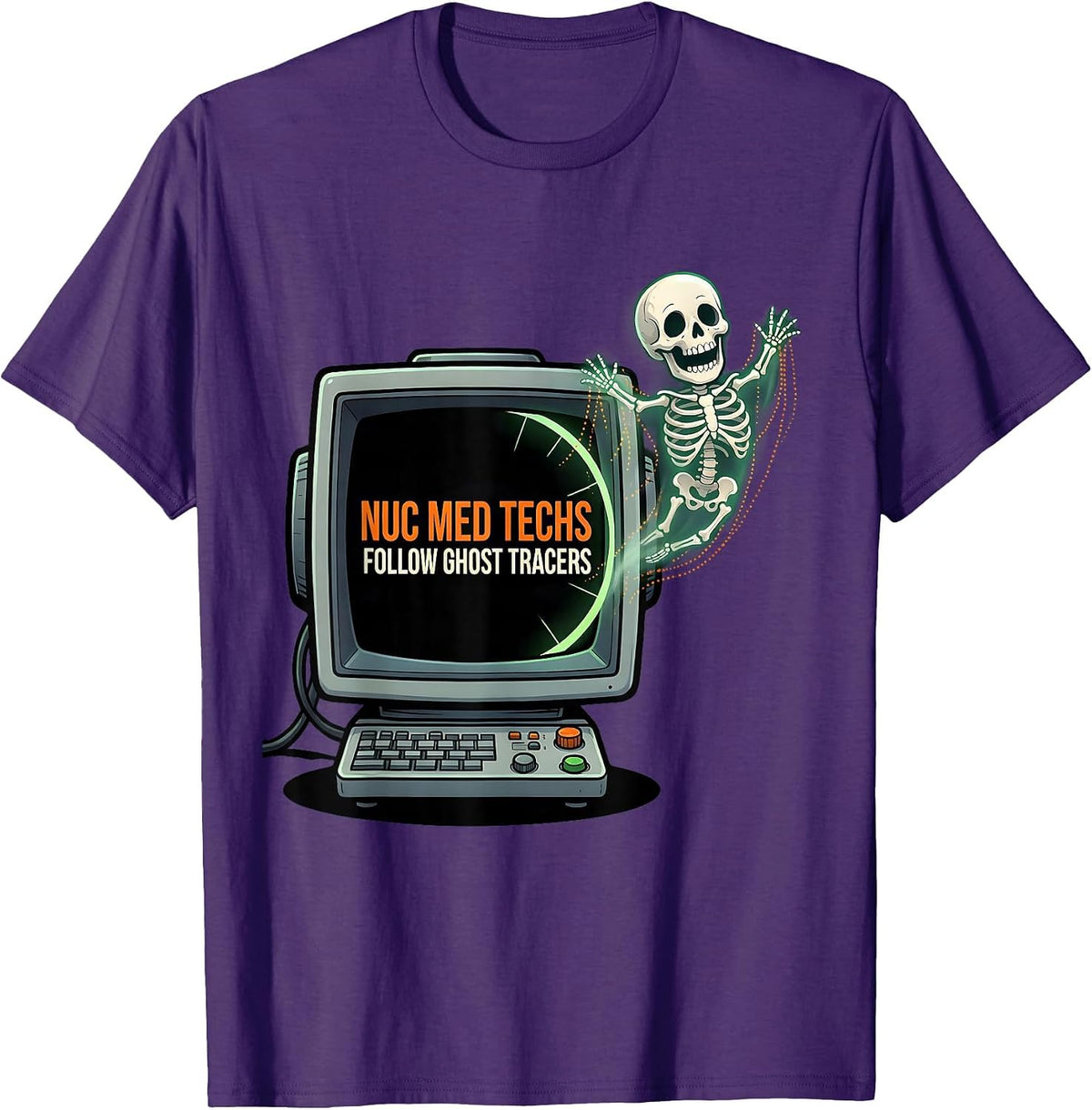 Men's Nuc Med Techs Follow Ghost Tracers Cartoon Radiology Tech T-Shirt - Purple