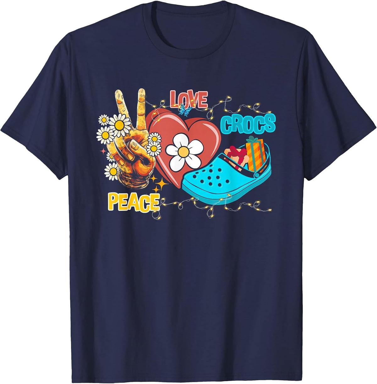 Skeleton Hand Peace Love-Crocs Family Xmas Pyjama Halloween T-Shirt - Navy Blue