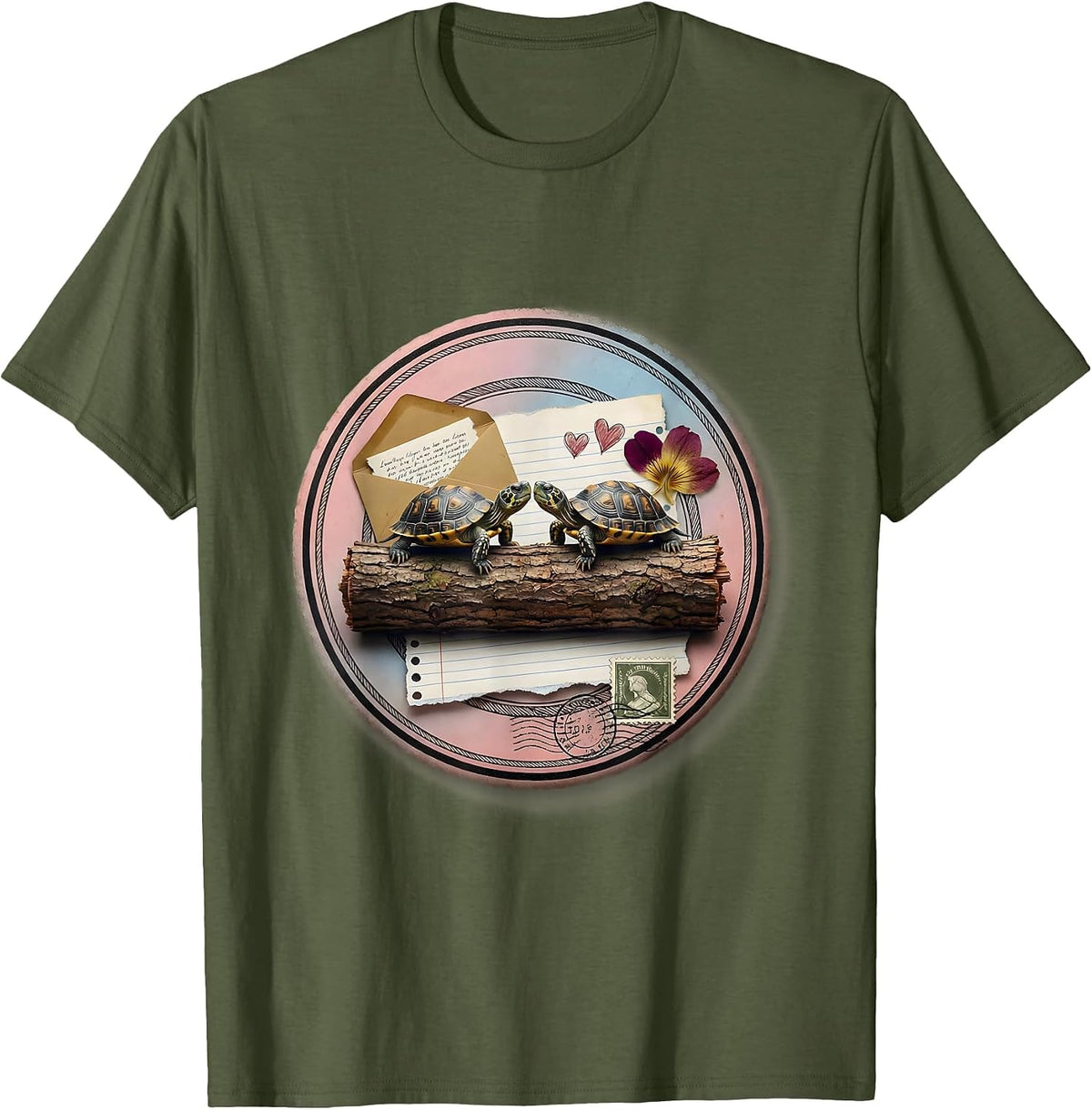 Cute Turtle Couple Nose Touch Love Nature Design T-Shirt - Olive Green